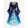 Matchable Couple Sparkly Christmas Tree Print Shirt or Plus Size Ruched Bell Sleeves High Low Hem Midi Xmas Dress(Men Blue)