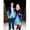 Matchable Couple Sparkly Christmas Tree Print Shirt or Plus Size Ruched Bell Sleeves High Low Hem Midi Xmas Dress(Women Blue)