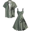 ROSE GAL Matchable Couple Hawaiian Coconut Tree Print Shirt or Plus Size Knee Length Fit and Flare Tank Dress(Men Green)