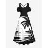 ROSE GAL Matchable Couple Hawaiian Coconut Tree Print Shirt or Plus Size Midi Cold Shoulder Dress(Men Black)