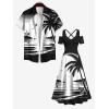 ROSE GAL Matchable Couple Hawaiian Coconut Tree Print Shirt or Plus Size Midi Cold Shoulder Dress(Men Black)