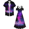 ROSE GAL Matchable Couple Hawaiian Coconut Tree Print Shirt or Plus Size Midi Cold Shoulder Dress(Men Purple)