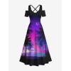 ROSE GAL Matchable Couple Hawaiian Coconut Tree Print Shirt or Plus Size Midi Cold Shoulder Dress(Men Purple)