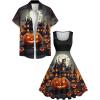 ROSE GAL Matchable Couples Halloween Outfits Pumpkin Bats Printed Men Shirt or Plus Women Vintage Sleeveless Dress(Men Black)