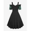 ROSE GAL Plus Size Gothic Lace Up Flocking Floral Layered Cold Shoulder Flowy Dress(Green)