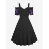 ROSE GAL Plus Size Gothic Lace Up Flocking Floral Layered Cold Shoulder Flowy Dress(Purple)