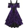 ROSE GAL Plus Size Gothic Lace Up Flocking Floral Layered Cold Shoulder Flowy Dress(Purple)