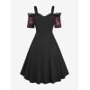 ROSE GAL Plus Size Gothic Lace Up Flocking Floral Layered Cold Shoulder Flowy Dress(Red)