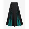 ROSE GAL Plus Size Gothic Lace Up Two Tone Godet Hem Midi A Line High Waisted Skirt(Green)