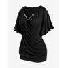 ROSE GAL Plus Size Lettuce Ruched Chain Embellished Plunging Blouson Tee(Black)
