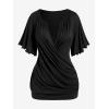 ROSE GAL Plus Size Lettuce Ruched Chain Embellished Plunging Blouson Tee(Black)