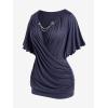 ROSE GAL Plus Size Lettuce Ruched Chain Embellished Plunging Blouson Tee(Blue)