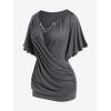 ROSE GAL Plus Size Lettuce Ruched Chain Embellished Plunging Blouson Tee(Gray)