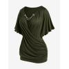 ROSE GAL Plus Size Lettuce Ruched Chain Embellished Plunging Blouson Tee(Green)