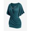 ROSE GAL Plus Size Lettuce Ruched Chain Embellished Plunging Blouson Tee(Green_2)