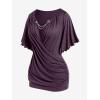 ROSE GAL Plus Size Lettuce Ruched Chain Embellished Plunging Blouson Tee(Purple)