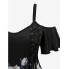 ROSE GAL Plus Size Women Floral Print Cold Shoulder Dress Lace-up Midi Flowy Vacation Dresses(Black)