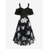 ROSE GAL Plus Size Women Floral Print Cold Shoulder Dress Lace-up Midi Flowy Vacation Dresses(Black)
