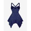 ROSE GAL Plus Size Women Flower Jacquard Lace-up Ruched Sleeveless Blouse Flowy Handkerchief Hem Tank Top(Blue)