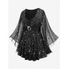 ROSE GAL Plus Size Womens Elegant Sparkly Gold Stamping Stars Print Long Flare Sleeve 2 in 1 Flowy Top(Black)