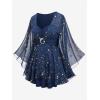 ROSE GAL Plus Size Womens Elegant Sparkly Gold Stamping Stars Print Long Flare Sleeve 2 in 1 Flowy Top(Blue)
