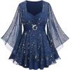 ROSE GAL Plus Size Womens Elegant Sparkly Gold Stamping Stars Print Long Flare Sleeve 2 in 1 Flowy Top(Blue)