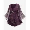 ROSE GAL Plus Size Womens Elegant Sparkly Gold Stamping Stars Print Long Flare Sleeve 2 in 1 Flowy Top(Deep Purple)