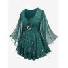 ROSE GAL Plus Size Womens Elegant Sparkly Gold Stamping Stars Print Long Flare Sleeve 2 in 1 Flowy Top(Green)