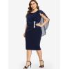 ROSE GAL Rosegal Plus Size Womens Chiffon Ruffle Bodycon Pencil Midi Sleeveless Cape Dress for Wedding Cocktail Party Work(Deep Blue)