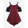 ROSE GAL Rosegal Women Plus Size Cold Shoulder Tee Lace-up Asymmetric Marled Short Sleeves Tee Open Shoulder Tunic Top(Red_1)