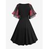 ROSE GAL Rosegal Women Plus Size Flower Print Chiffon Panel Knee Length Flowy Dress with Pockets(Black)