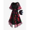ROSE GAL Rosegal Women Plus Size Flower Print Chiffon Panel Knee Length Flowy Dress with Pockets(Black)