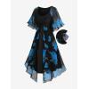 ROSE GAL Rosegal Women Plus Size Flower Print Chiffon Panel Knee Length Flowy Dress with Pockets(Blue_1)