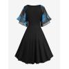ROSE GAL Rosegal Women Plus Size Flower Print Chiffon Panel Knee Length Flowy Dress with Pockets(Blue_1)