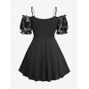 ROSE GAL Women Plus Size Elegant Summer Cold Shoulder Top Floral Flocking Lettuces Lace-up Layered Tunic T-Shirt(Black_1)