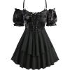 ROSE GAL Women Plus Size Elegant Summer Cold Shoulder Top Floral Flocking Lettuces Lace-up Layered Tunic T-Shirt(Black_1)