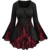 ROSE GAL Womens Plus Size Flocking Floral Figure Print Lace Up Ruched Ruffles Long Bell Sleeves Flowy 2 in 1 Top(Black)