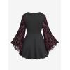 ROSE GAL Womens Plus Size Lace Applique Trim Ruched Buckle Flocking Floral Long Flare Sleeve 2 in 1 Flowy Top(Black_2)