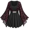 ROSE GAL Womens Plus Size Lace Applique Trim Ruched Buckle Flocking Floral Long Flare Sleeve 2 in 1 Flowy Top(Black_2)
