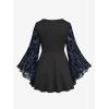 ROSE GAL Womens Plus Size Lace Applique Trim Ruched Buckle Flocking Floral Long Flare Sleeve 2 in 1 Flowy Top(Blue)