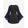 ROSE GAL Womens Plus Size Lace Applique Trim Ruched Buckle Flocking Floral Long Flare Sleeve 2 in 1 Flowy Top(Purple)