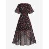 Rosegal Women Plus Size High Low Hem V Neck Ruffle Flutter Sleeves Chiffon Maxi Floral Flowy Dress(Black)