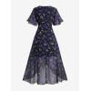Rosegal Women Plus Size High Low Hem V Neck Ruffle Flutter Sleeves Chiffon Maxi Floral Flowy Dress(Blue)
