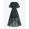 Rosegal Women Plus Size High Low Hem V Neck Ruffle Flutter Sleeves Chiffon Maxi Floral Flowy Dress(Green)