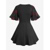 Rosegal Women Plus Size Romantic Goth Short Flutter Sleeve Tee Rose Embroidery Lace-up Chiffon Flowy Gothic 2 in 1 Top(Black)