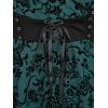 Rosegal Womens Plus Size Flocking Floral Mesh Panel Lace Up Grommet 2 in 1 Long Sleeves Top(Green)