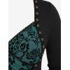 Rosegal Womens Plus Size Flocking Floral Mesh Panel Lace Up Grommet 2 in 1 Long Sleeves Top(Green)