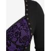 Rosegal Womens Plus Size Flocking Floral Mesh Panel Lace Up Grommet 2 in 1 Long Sleeves Top(Purple)