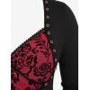 Rosegal Womens Plus Size Flocking Floral Mesh Panel Lace Up Grommet 2 in 1 Long Sleeves Top(Red_1)