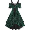 ROSE GAL Plus Size Gothic Lace Up Flocking Floral Layered Cold Shoulder Flowy Dress(Green)